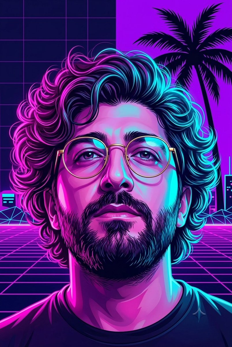 isl3li's tweet photo. Prompt 🖼⤵️

A highly detailed cinematic digital portrait in vibrant synthwave style, dramatic neon lighting, split background with two bold contrasting colors, palm tree silhouette on the side, person with voluminous curly hair with glowing neon highlights, wearing thin gold round glasses, intense and confident expression, looking slightly upward, strong jawline, sharp facial features, cinematic color grading, bold magenta and cyan neon glows on skin and hair, volumetric lighting, sharp details, 8k quality, masterpiece, best quality --ar 2:3 --stylize 750 --v 6