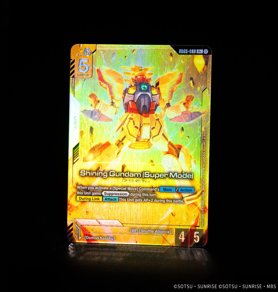 GUNDAM_GCG_ENG's tweet photo. [GD05 Booster Pack Card Showcase]

Introducing Alt-Art Shining Gundam (Super Mode)!

Included in the Freedom Ascension [GD05] booster pack which releases July 24!

▽Product Info
https://t.co/ZdsjNN1NMi

#GCG
#GundamCardGame
#GGundam https://t.co/8Tr3BqqJhL
