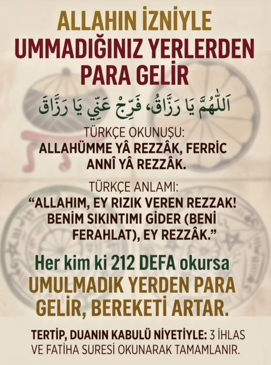 SerdarMercan54's tweet photo. Allahümme Yâ Rezzâk, Ferric Annî Yâ Rezzâk duası, maddi ve manevi sıkıntılardan kurtulmak, rızık kapılarını açmak ve ferahlığa kavuşmak amacıyla okunan çok etkili bir niyazdır.. https://t.co/DXPtQXsxG5