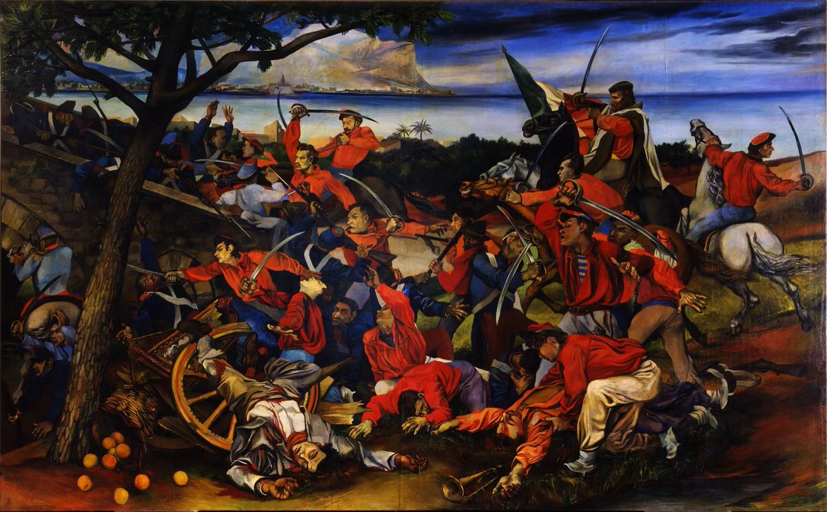 XoxeAndrew's tweet photo. La battaglia di Ponte dell’Ammiraglio — Renato Guttuso, 1952

I garibaldini entrano a Palermo. Corpi, bandiere, caos — la storia d’Italia dipinta da un comunista siciliano. https://t.co/O74sQvrV99