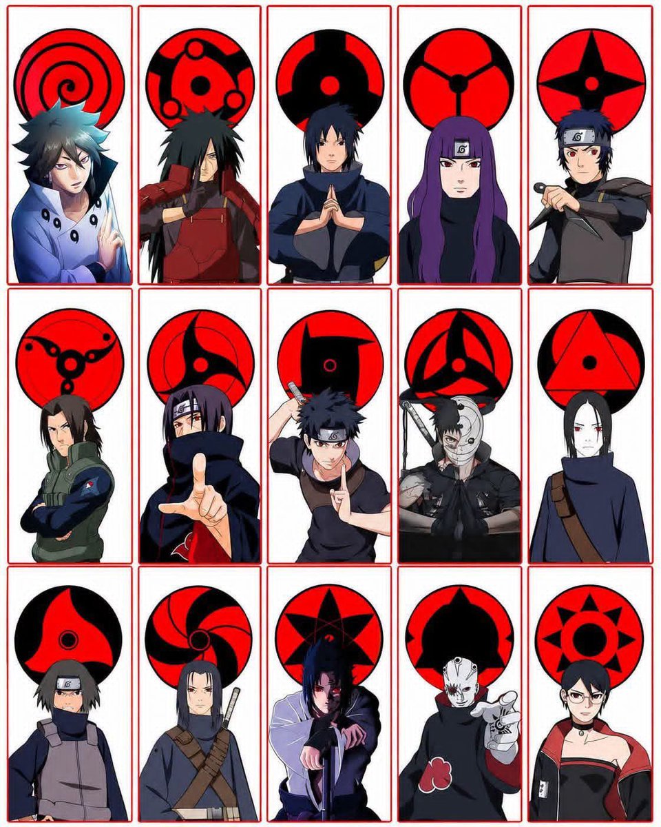 ChimdumM's tweet photo. We all know the Uchiha for their unique abilities, especially after their Sharingan evolves. Can you name the abilities of at least five Uchiha EMS in this photo? https://t.co/esf49dPkLG