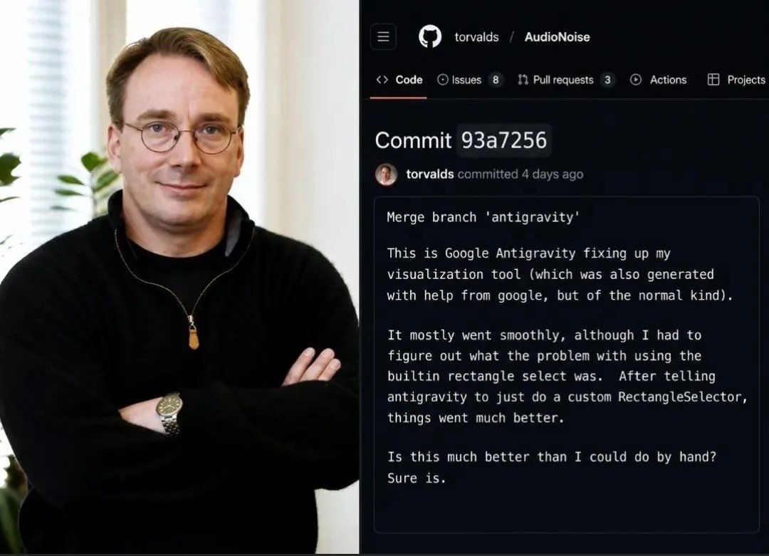 Screenshot of Linus Torvalds' AudioNoise commit message describing Google Antigravity fixing a visualization tool