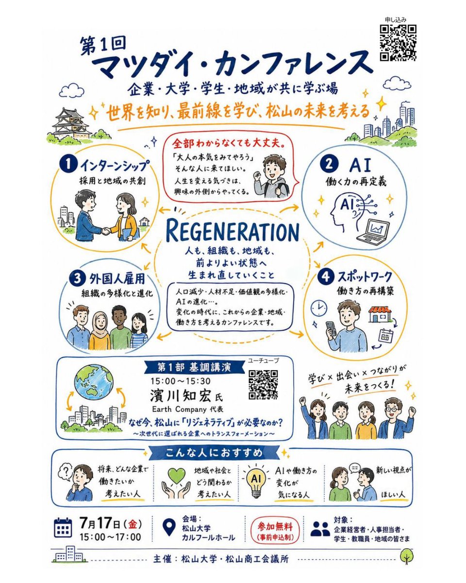 mutokyo2007's tweet photo. 第1回 マツダイ・カンファレンス開催！ 7月17日（金）15:00〜17:00  松山大学カルフール・ホール 参加無料（事前申込制） #松山大学 #マツダイカンファレンス #リジェネレーション #採用 #人材育成 #組織づくり #AI #インターンシップ #地域共創 https://t.co/mIljvusWG2