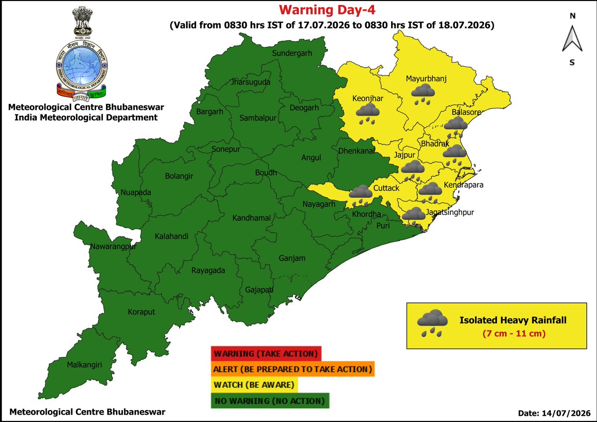 mcbbsr's tweet photo. Warning for the State.
Day-1 &amp; Day-2 : Heavy to Very Heavy Rainfall with Isolated Extremely Heavy Rainfall Warning.
Day-3 :  Isolated Heavy to Very Heavy Rainfall Warning.
Day-4 :  Isolated Heavy Rainfall Warning.
Day-5 to Day-7 : No Warning.
#rainfall #weather #odisha #warning https://t.co/IRvFmnyfe0
