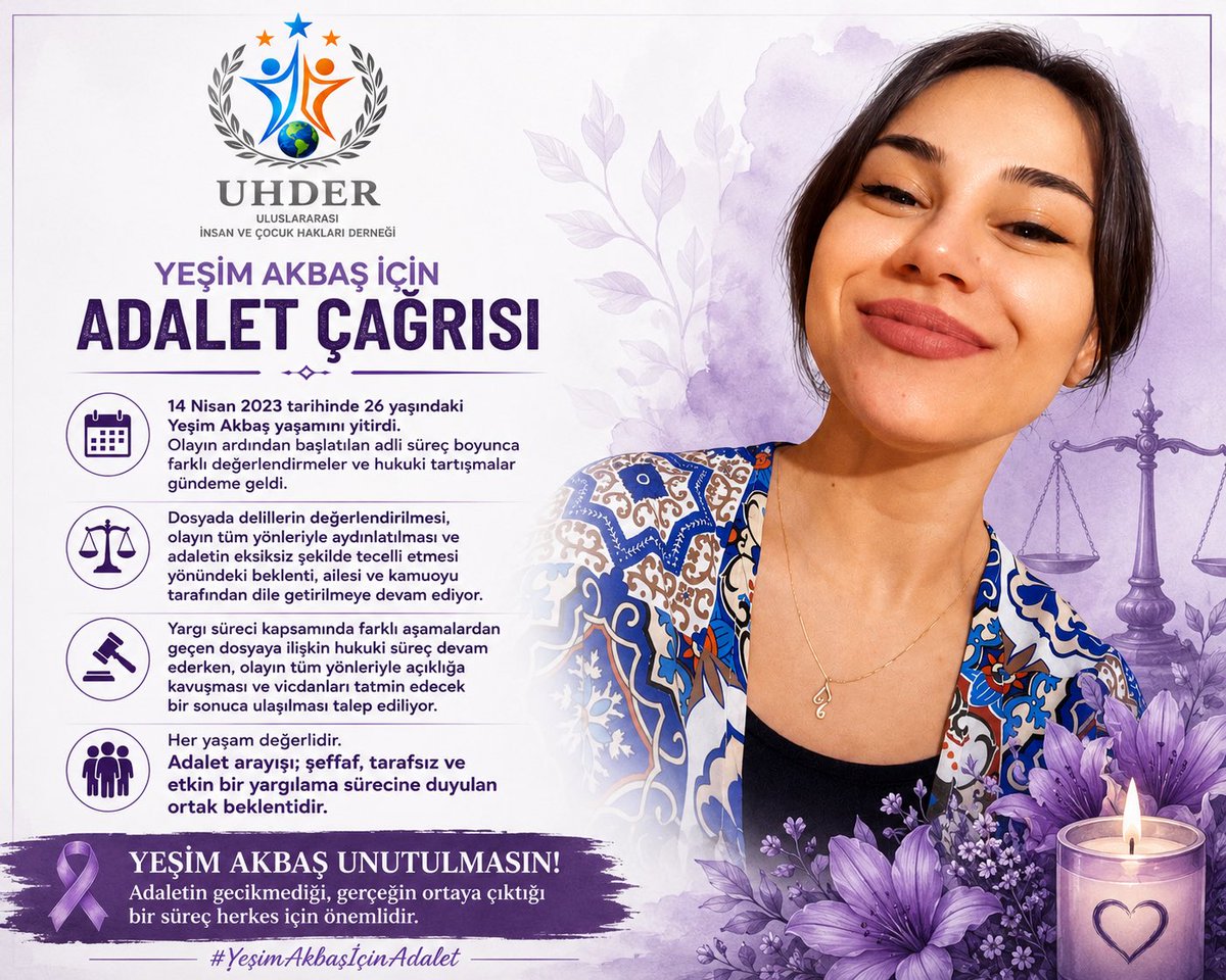 uainsancocuk's tweet photo. 📢 YEŞİM AKBAŞ İÇİN ADALET

14 Nisan 2023’te, 26 yaşındaki Yeşim Akbaş yaşamını yitirdi.

Ailesi, olayın tüm yönleriyle aydınlatılmasını, delillerin etkin şekilde değerlendirilmesini ve hukuki sürecin şeffaf, tarafsız ve vicdanları tatmin edecek şekilde sonuçlanmasını talep ediyor.

Her yaşam değerlidir.
Adalet, yalnızca bir dosyanın değil; toplumun vicdanının da meselesidir.

Yeşim Akbaş unutulmasın.
Gerçekler ortaya çıksın, adalet gecikmesin.

#YeşimAkbaşİçinAdalet
#Adalet
#AdaletHerkesİçin
#GerçeklerOrtayaÇıksın
#Hukuk
#Vicdan
#EtkinYargılama
#ŞeffafYargılama
#UHDER
#UluslararasıİnsanVeÇocukHaklarıDerneği