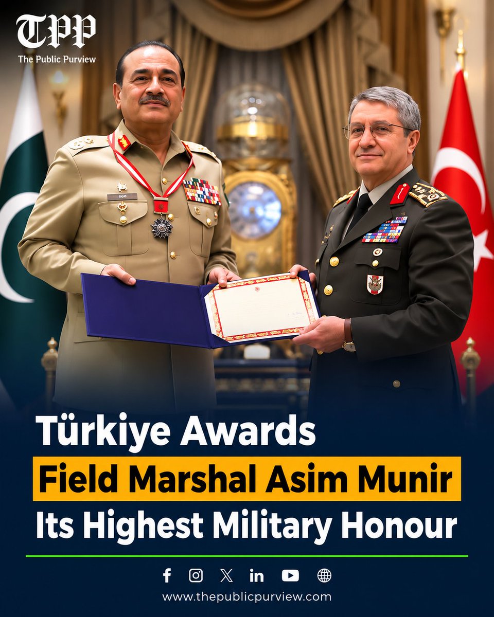 publicpurviewpk's tweet photo. Türkiye has conferred its highest military honour, the Distinguished Service Medal, on Chief of Army Staff Field Marshal Syed Asim Munir during a prestigious military ceremony held in Ankara.

The medal was presented by Türkiye’s Chief of General Staff, #General Selçuk Bayraktaroğlu, in recognition of Field Marshal Asim Munir’s strategic efforts and distinguished military services aimed at strengthening defence cooperation between the two brotherly countries.

His contributions have helped advance bilateral military partnership, joint capabilities and long-standing security cooperation between Pakistan and Türkiye.

The award marks another important milestone in the deep-rooted defence ties and close military diplomacy shared by the two nations.

#AsimMunir #PakistanTürkiyeRelations #DefenceCooperation #MilitaryHonour #ThePublicPurview
#NationBehindPakArmy