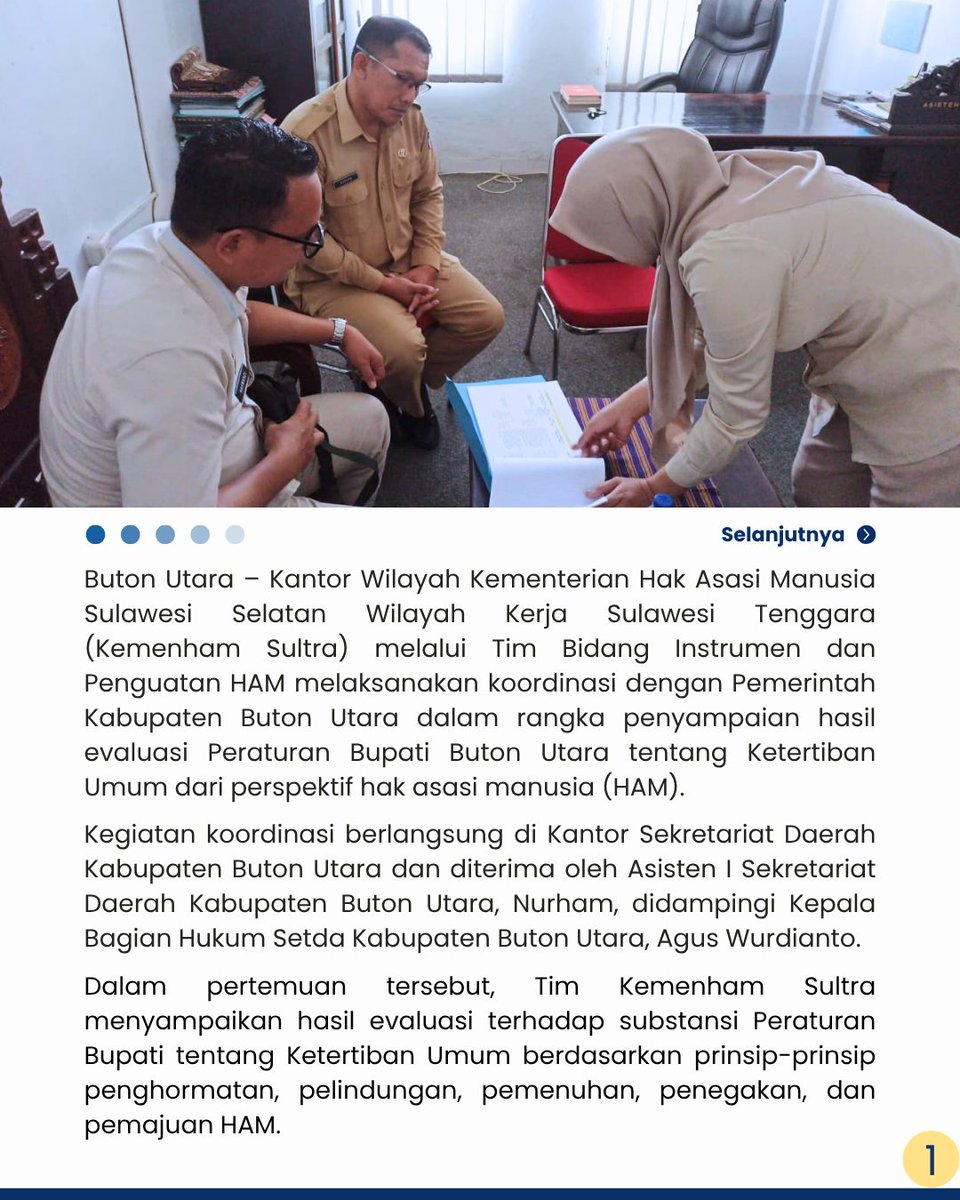 kemenhamsultra's tweet photo. Kemenham Sultra melaksanakan koordinasi dengan Pemerintah Kabupaten Buton Utara dalam rangka menyampaikan hasil evaluasi Peraturan Bupati Buton Utara tentang Ketertiban Umum dari perspektif Hak Asasi Manusia (HAM).  

#KementerianHam #KemenhamSultra #P5HAM #HamUntukSemua https://t.co/3Ca96bUz75