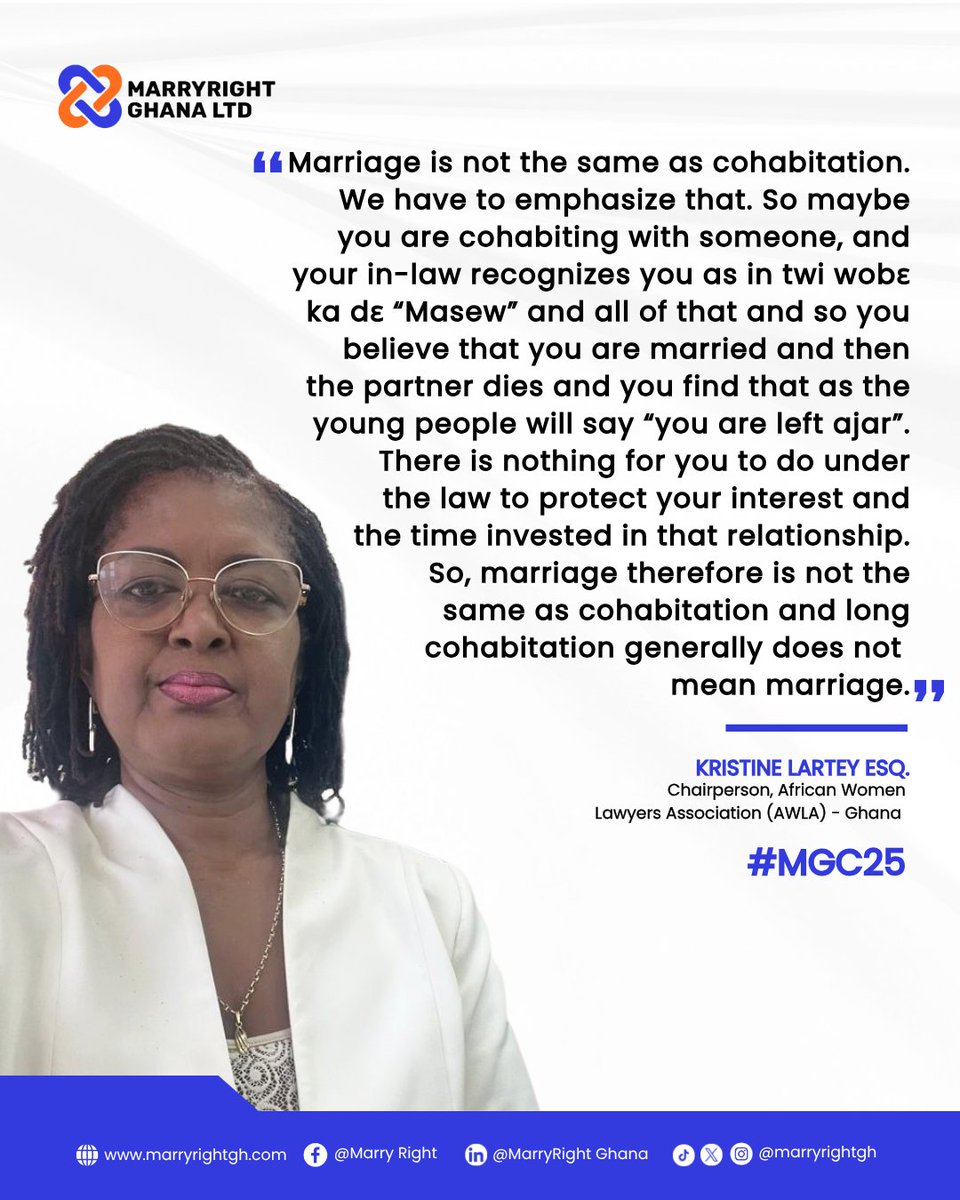 marryrightgh's tweet photo. Kristine Lartey, Esq., reminds us that marriage and cohabitation are not the same under the law.

Living together, no matter how long, does not automatically give you the legal rights and protections of a recognized marriage. 

#MGC25 #MarriageLaw #LegalAwareness #MarriageRights https://t.co/uoOGCgceu9