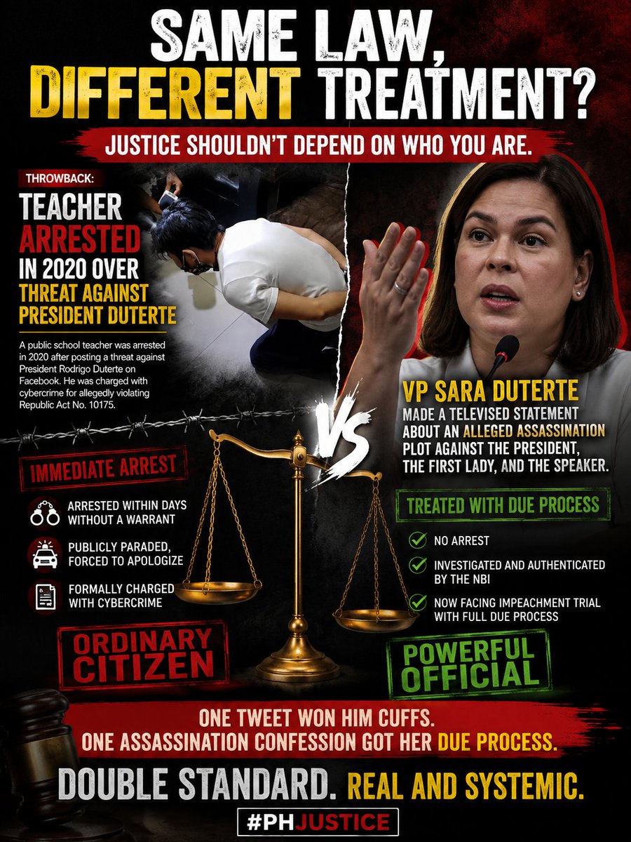 Rose4GoodGov's tweet photo. Ronnel Mas was arrested within days over a reckless tweet. VP Sara Duterte made a televised statement about an alleged assassination plot and received full due process. Same law, different treatment? #DoubleStandard #PHJustice #ImpeachSARADUTERTE https://t.co/OCaeXgir6P