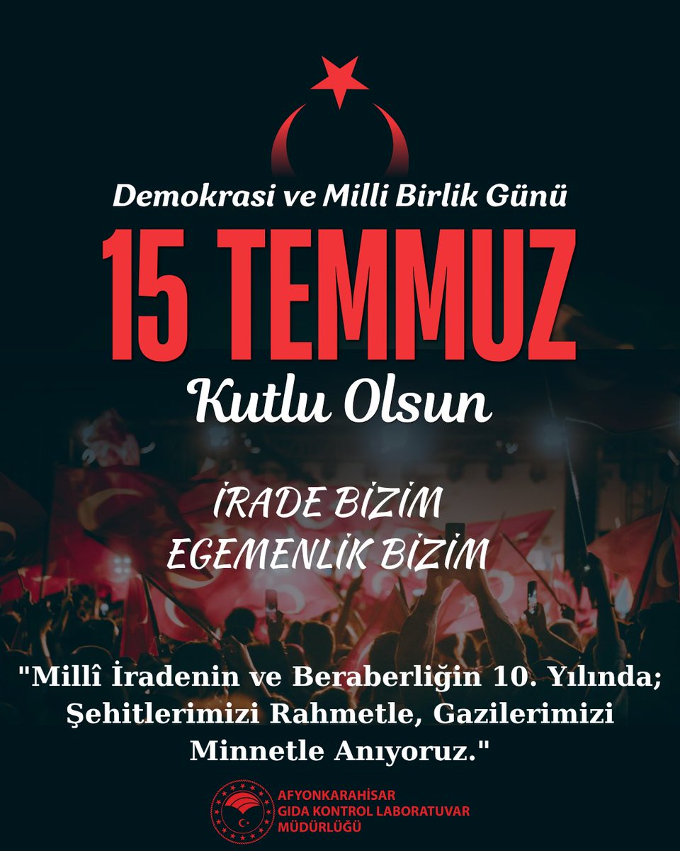 AfyonGKLM's tweet photo. Millî iradenin zaferle taçlandığı bu tarihî direnişin 10. yıl dönümünde; vatanı uğruna canını siper eden tüm 15 Temmuz Şehitlerimizi rahmet ve minnetle anıyor, kahraman Gazilerimize şükranlarımızı sunuyoruz.
​#iradebizimegemenlikbizim
​#15Temmuz #DemokrasiveMillîBirlikGünü https://t.co/0kkTgST3oN