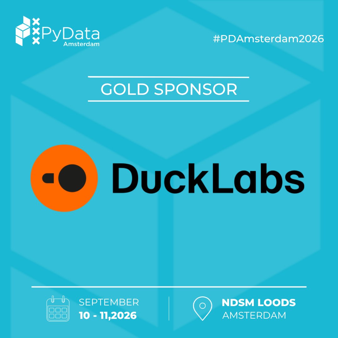 pydataamsterdam's tweet photo. We're delighted to welcome back @ducklabs_com  as a Gold sponsor of #PDAmsterdam2026! 🦆

See you September 10–11! Come find the DuckLabs team and 1000+ data and AI practitioners!

🎟️ Secure your Early Bird tickets: https://t.co/Dr8z0nubzi https://t.co/XC9PEj4ait