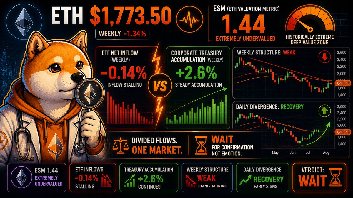 topvalue's tweet photo. 0.14%.
이번 주 ETH ETF
순유입 변화입니다.
사실상 멈췄다는 뜻이죠.

그런데 같은 기간
기업들의 이더리움 보유량은
한 달간 +2.6% 늘었습니다.
(7,751,767 ETH, $13.8B)

💰 ETF 창구는 조용한데
기업 곳간은 채워지고 있습니다.
둘 중 하나는
신호를 놓치고 있는 겁니다.

🔍 여기에 온체인 저평가 지표(ESM)
1.44, 역사적 극단 저평가 구간.
서클(CRCL) 밸류에이션 지표(CrSM)도
0.23으로 매수권입니다.
두 지표가 동시에
같은 말을 하는 건 흔치 않습니다.

⚖️ 근데 기술적으로는
주간(W) 차트는 구조적 약세,
일간(D) 차트는 회복 조짐.
같은 자산인데
시간대만 바꾸면
그림이 달라집니다.

📌 매도세가 매수세보다 강할 때는, 아무리 싸도 사지 않습니다. — 지금 이더리움 주간 추세 강도(ADX)는 26.97, 하락 압력이 상승 압력의 약 2배입니다. ESM이 역사적 극단 저평가를 가리켜도, 이 신호 하나 때문에 저는 아직 신규 진입을 보류하고 있습니다. 숫자가 허락하기 전에는, 아무리 싸도 사지 않는 것 — 그게 원칙입니다.

🚨 지니어스법 최종 규칙 시한도
7월 18일로 코앞입니다.
분배기 국면(사이클 고점권)인 지금,
저는 아직은 '대기'로 보고 있습니다.

📅 다음 확인 시점:
역발상 진입 레벨 $1,385 도달,
그리고 7월 18일 규제 확정 여부.
이 두 가지가 변수입니다.

ETF는 조용한데
기업들은 사모으는 이 상황,
여러분은 어떻게 보시나요?

#이더리움 #ETH #스테이블코인 #역발상투자