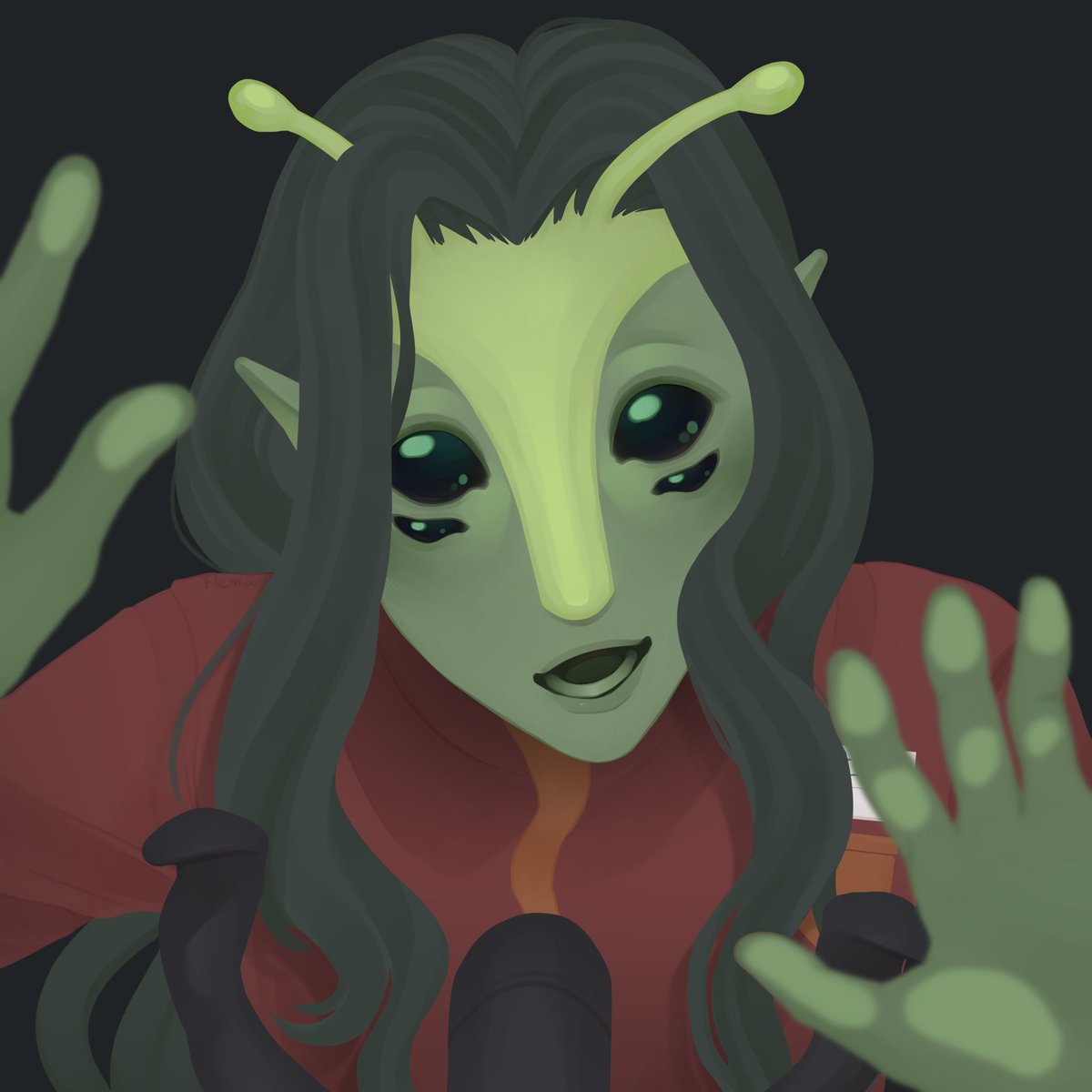 flemiar1's tweet photo. Fifth attack (and another revenge) is on this cute alien, Xorthem, who belongs to @crimsonemb !! 
🛸🛸🛸
#artfight2026 #teammystery https://t.co/qLqtuKJ9cM