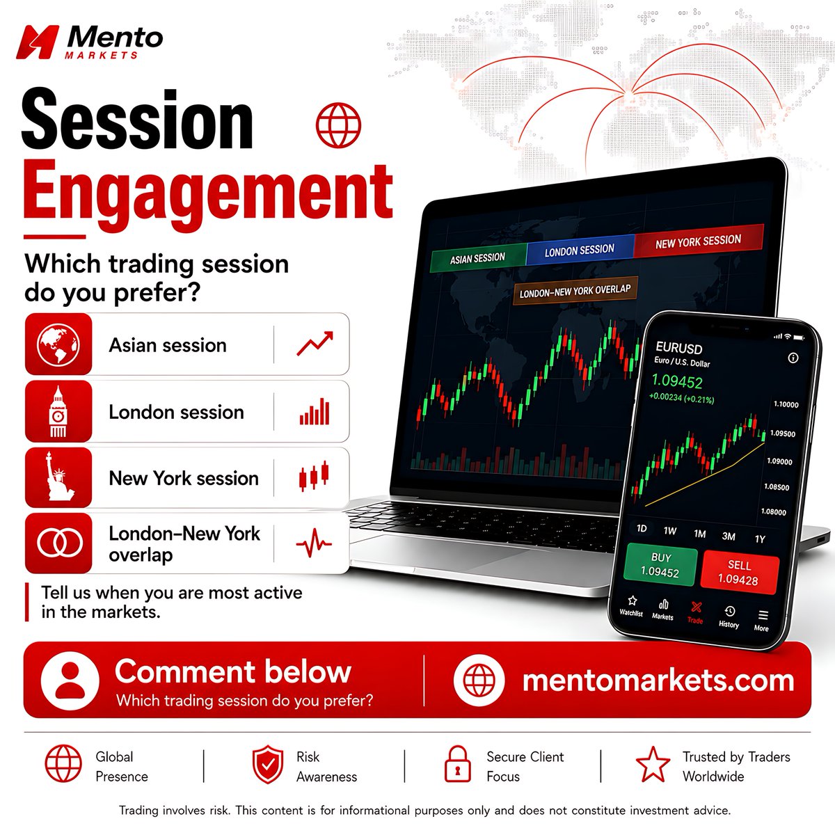 MentoMarkets's tweet photo. ⏰ Which trading session do you prefer?

🌏 Asian
🇬🇧 London
🇺🇸 New York
🔄 London–New York overlap

Tell us when you are most active in the markets. 👇

🌐 https://t.co/5621tG9Bs9

#MentoMarkets #TradingSessions #ForexTrading #TradingCommunity https://t.co/T4qfVTgOZ1