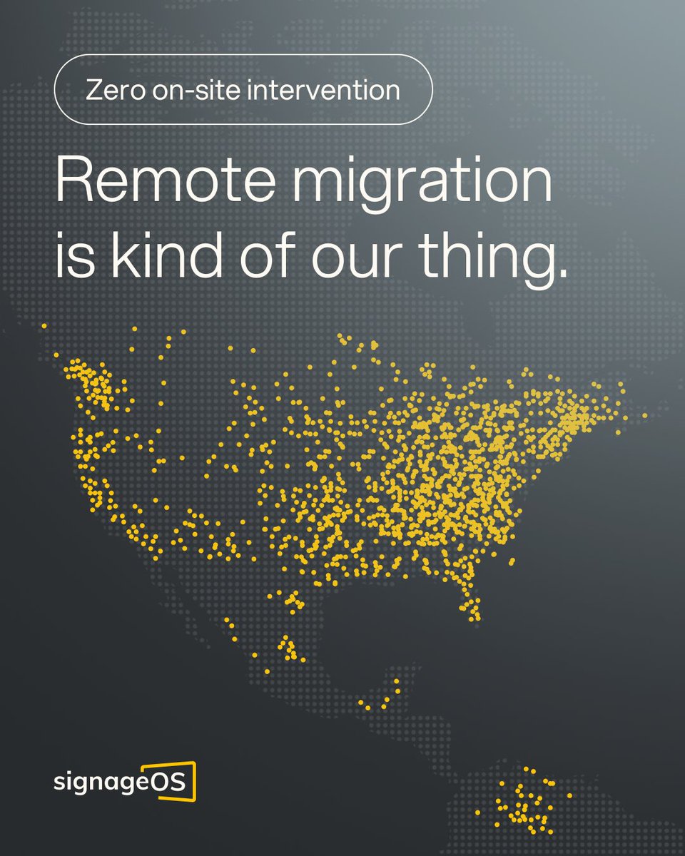 signageOS's tweet photo. Operators in transition assume that they need to replace everything. They don't. 🔓 

signageOS migrates networks remotely and gets your network stable while you decide what comes next. ⚡

Talk to our onboarding experts: https://t.co/e6KlWKOt0Q https://t.co/NeQq4yorbP