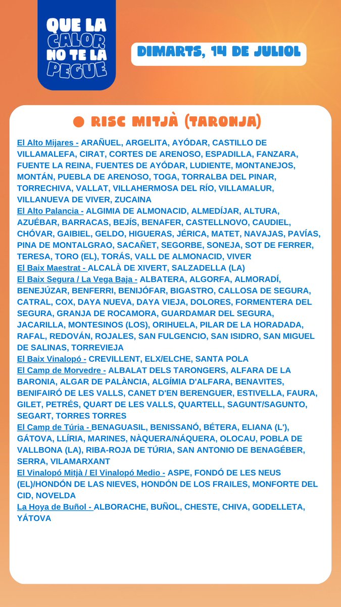 GVAsanitat's tweet photo. ⚠️🌡️ Avís per altes temperatures (14 de juliol) 
🔴🟠 Nivell de risc alt i mitjà   

Consulta les previsions⬇️
https://t.co/wokMmgLFAa https://t.co/78MF5PRmas