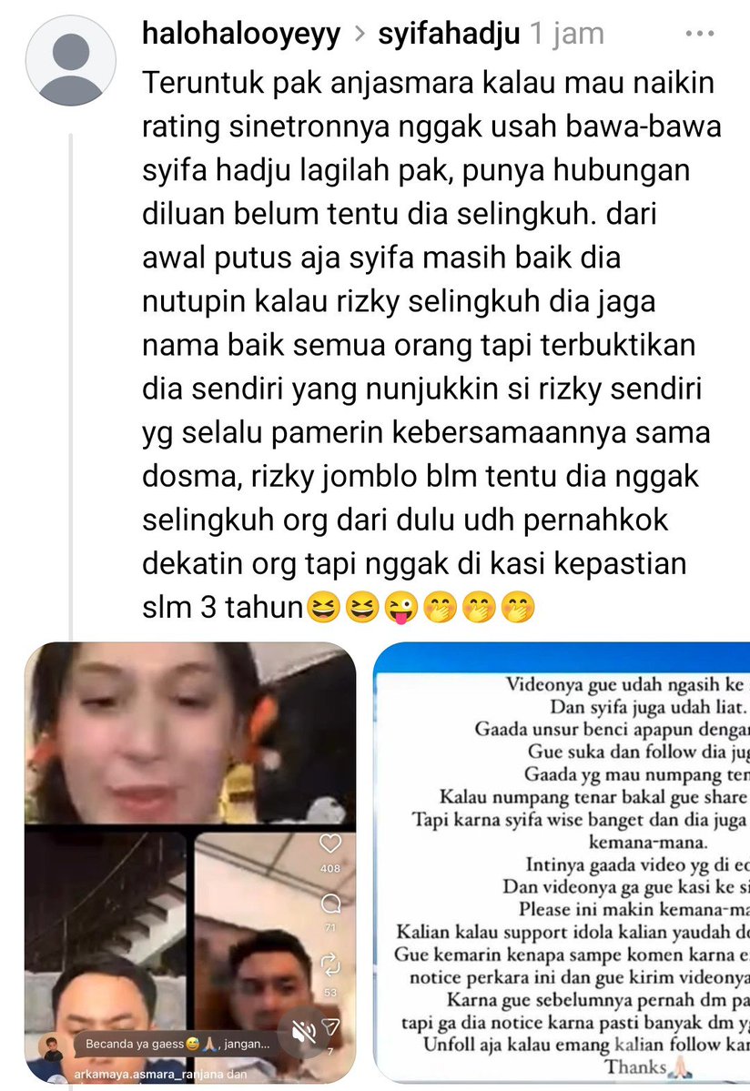 kamarlintang's tweet photo. Anjasmara diduga nyinggung Syifa Hadju usai tanya perihal perselingkuhan ke Rizky Nazar,

Anjasmara tanya ke Rizky, "Jadi sebenernya yg dulu itu, kamu selingkuh apa diselingkuhi?"

Pertanyaan itu bikin para pemain sinetron "Sebening Cinta" kaget. Rizky pun membantah, lalu bilang kalau ia putus baik2 & damai.

Anjasmara kemudian nyinggung soal banyak yg baper & bikin tudingan2 ke Rizky.

Anjasmara lanjut bilang, "Orang Iky nyampek skarang aja jomblo, itu kan terbukti siapa yg diselingkuhi."