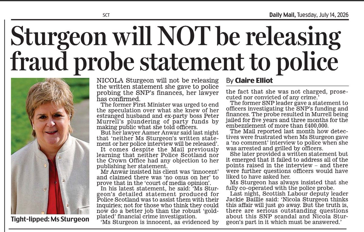 AgentP22's tweet photo. "Nothing to hide" is always the line... until someone asks to see the evidence.

If Nicola Sturgeon is so confident of her innocence, why keep her police statement secret? https://t.co/KTDu7GQ7tV