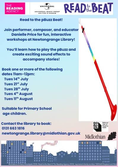 MidLibraries's tweet photo. Spaces still available 🤩

As part of this year's #SummerReadingChallenge, Newtongrange Library is hosting FREE musical workshops🎶
Children will learn how to play the pBuzz &amp; create exciting sound effects to accompany stories. 

No experience needed! See poster for more info👇 https://t.co/OkcVcTGaaa