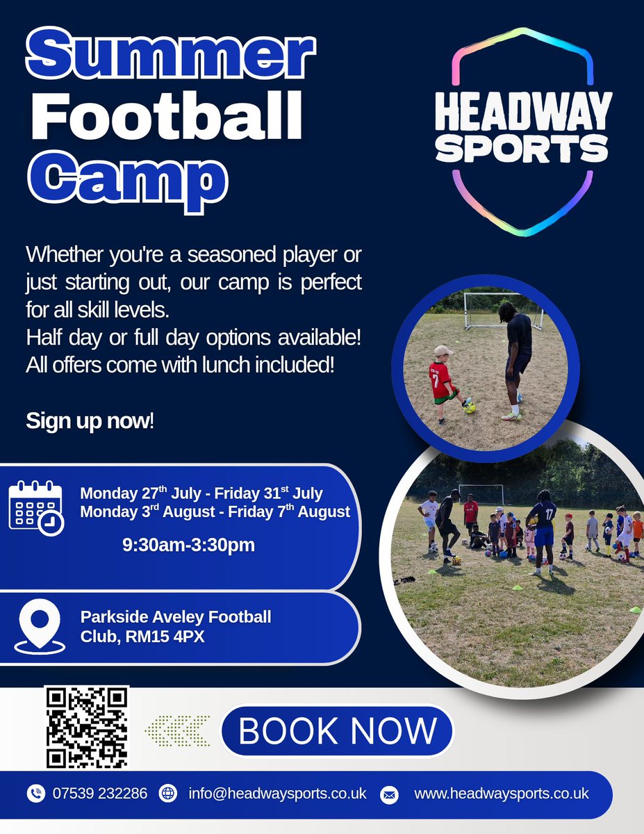 ParksideStadium's tweet photo. Headway Sports Football Camp will be back at Parkside this Summer ☀️
Monday 27th July - Friday 31st July & Monday 3rd August - Friday 7th August both 9:30am to 3:30pm at Parkside, RM15 4PX.
Scan the QR code and use the code ‘ZMZ617’
@HeadwaySports | #ParksideStadium https://t.co/kVnU0pbvuZ
