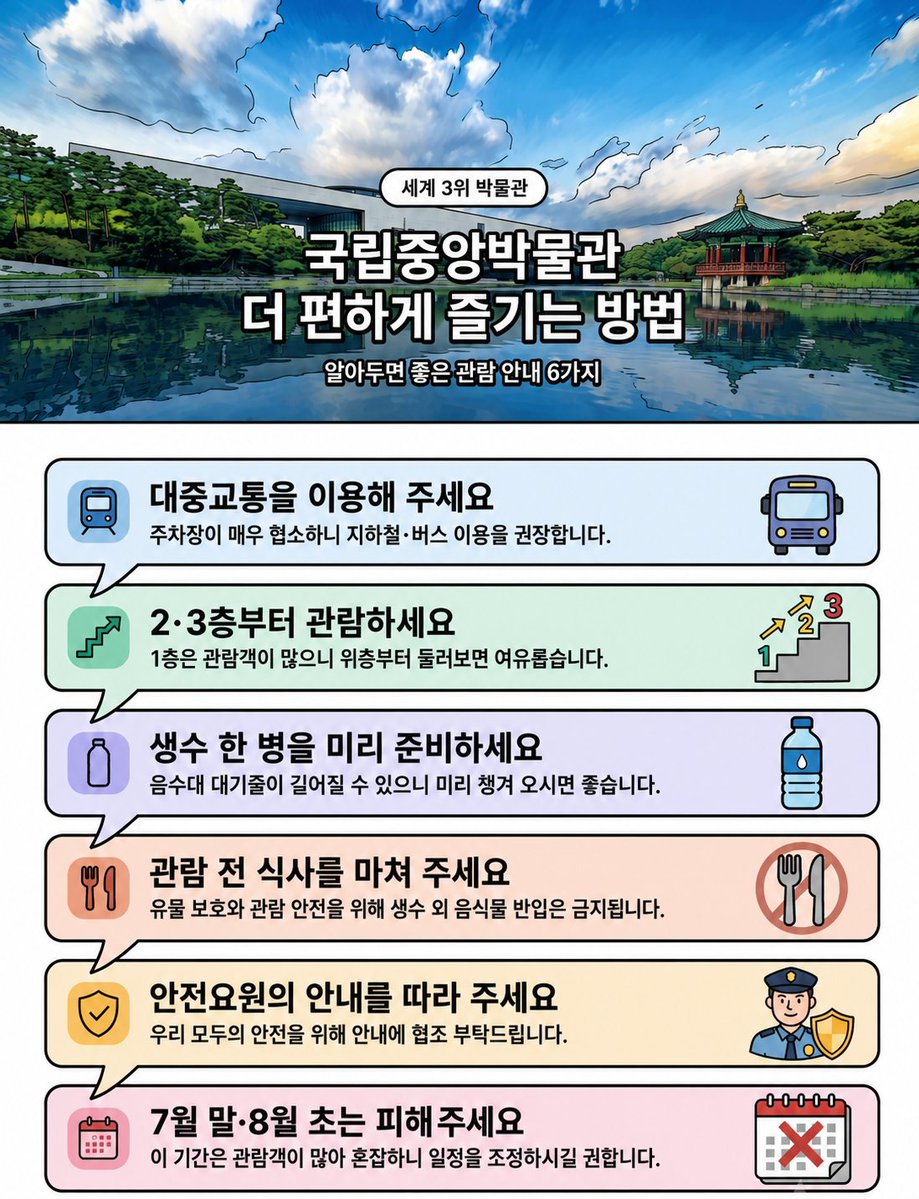 The_NMK's tweet photo. [운영시간 변경] 한 시간 더, 국중박 타임!

여름방학을 맞이하여 관람시간이 1시간 연장됩니다🍃

⏰여름방학 운영시간
 월 화 목 금 일∣9:00~18:00 (입장 마감 17:30)
 수 토(야간개장)∣9:00~21:00 (입장 마감 20:30)
  *연장운영 기간: 2026.7.27.(월)~8.17.(월)

#국립중앙박물관 https://t.co/hjIXzOcXWv