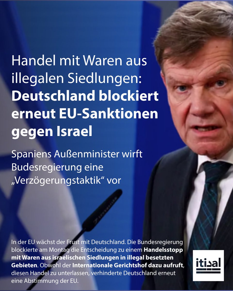Tarek_Bae's tweet photo. Deutschland hat am Montag erneut EU-Sanktionen gegen Israel blockiert. Konkret forderten EU-Außenminister einen Stopp des Handels mit israelischen Gütern aus illegalen israelischen Siedlungen. Der Internationale Gerichtshof rief in seinem Gutachten von 2024 dazu auf, den Handel mit illegalen Siedlungen zu unterlassen.

Deutschlands Außenminister Johann Wadephul erklärte in Brüssel vor Reportern, Deutschland habe weiterhin einen guten Zugang zu Israel und wolle „die Beziehungen nicht verkomplizieren“.
In der EU wächst der Frust über Deutschlands Blockaden. Spaniens Außenminister José Manuel Albares wirft Deutschland eine „Verzögerungstaktik“ vor. Die EU-Außenbeauftragte Kaja Kallas betonte vor Reportern, nach Auffassung des Juristischen Dienstes des Europäischen Rates sei für den Erlass von Sanktionen lediglich eine qualifizierte Mehrheit erforderlich. Ihr zufolge gebe es eine klare Mehrheit.

Dafür müsste Deutschland aufhören, eine demokratische Abstimmung zu verhindern. Die irische Außenministerin Helen McEntee will sich auf keine Kompromisse einlassen. Jede abgeschwächte europäische Position „legitimiert den Handel mit den besetzten Gebieten“.
Es ist nicht das erste Mal, dass Deutschland EU-Sanktionen gegen Israel blockiert.

Schon im April blockierte Deutschland eine Abstimmung über Sanktionen gegen Israel, obwohl eine Mehrheit der EU-Mitgliedstaaten dafür war. Konkret ging es um die Aussetzung des EU-Assoziierungsabkommens mit Israel, durch das Israel einen bevorzugten Zugang zum europäischen Markt erhält und EU-Fördergelder bekommt. Deutschland bezeichnete den Versuch einer Abstimmung als „unangebracht“ und verhinderte ein Vorgehen der EU. Auch der Versuch der EU, Sanktionen gegen die faschistischen israelischen Minister Ben-Gvir und Smotrich zu erlassen, scheiterte im Juni an einer deutschen Blockade.

Der Internationale Gerichtshof stuft Israels Besatzung der palästinensischen Gebiete als illegal ein. Die Besatzung müsse laut Gericht sofort beendet werden. Die illegale Besatzung und Besiedlung dürfe von niemandem anerkannt werden. Zudem hält der Gerichtshof fest, dass Israel dort das Verbrechen der Apartheid begeht.