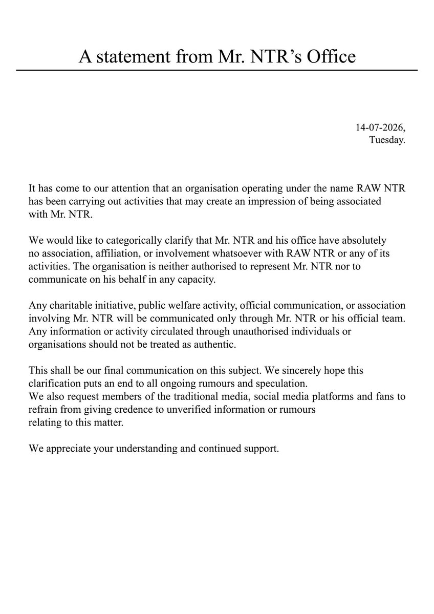 ynakg2's tweet photo. Official communication from Mr. NTR’s office https://t.co/8gJrhwfeAg