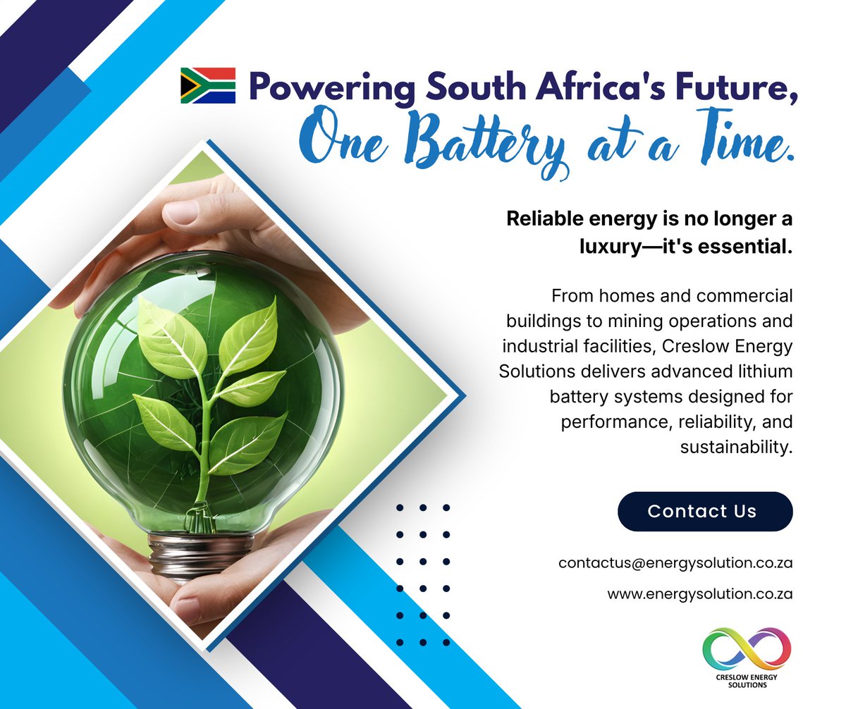 CreslowSolution's tweet photo. 🇿🇦 Powering South Africa's Future, One Battery at a Time. Reliable energy is essential. Power your home or business with advanced lithium energy storage.

#CreslowEnergy #PoweringSouthAfrica #EnergyStorage #RenewableEnergy #LithiumBatteries #CleanEnergy #PowerSolutions #ProudlySA https://t.co/h0Uwf7nZEg