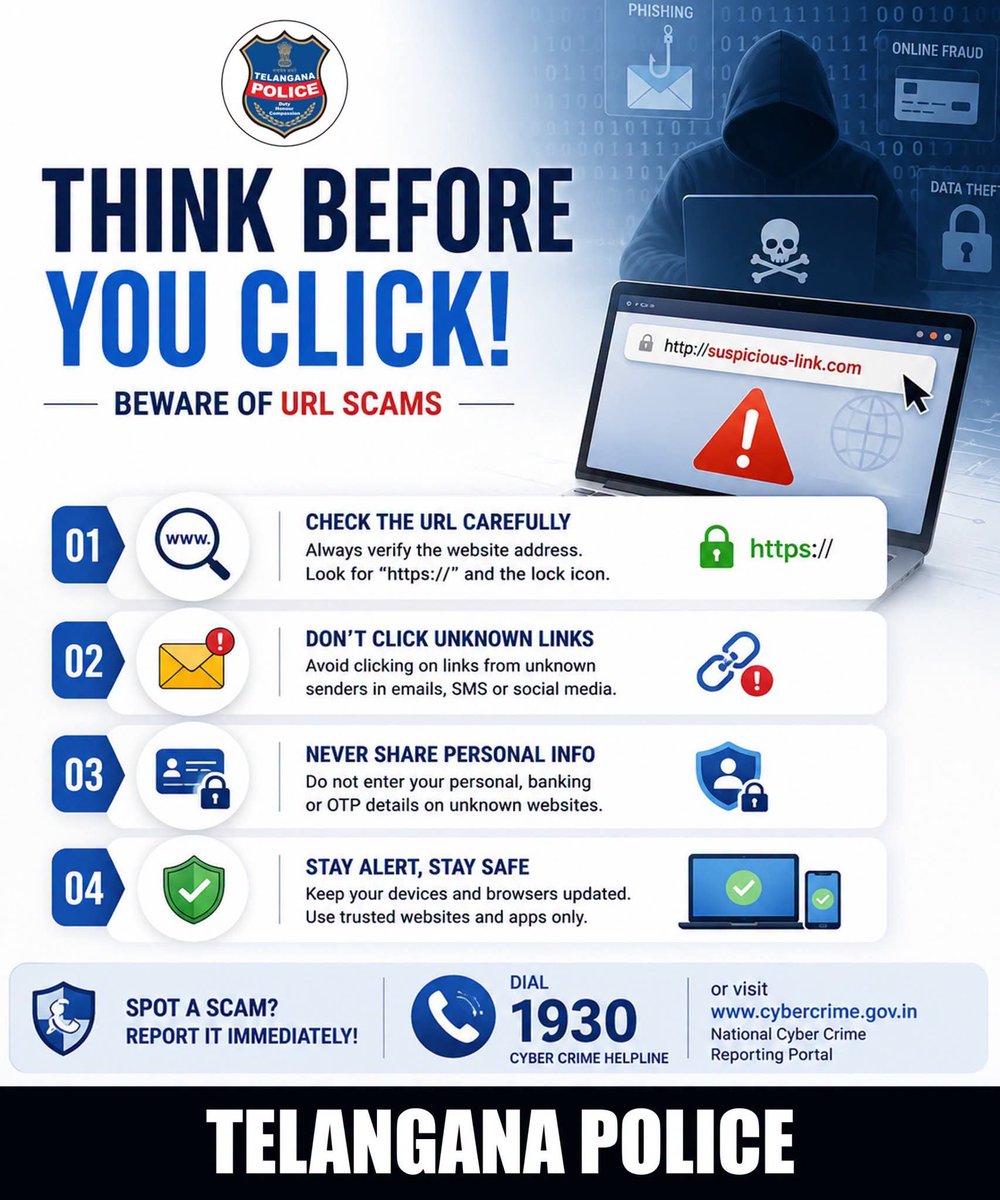 TelanganaCOPs's tweet photo. A single click on a fake URL can compromise your personal and financial information.
Always verify links before clicking and report suspicious cyber incidents by calling 1930.

#TelanganaPolice #CyberSafety #ThinkBeforeYouClick https://t.co/Q8ZL0gMSK1