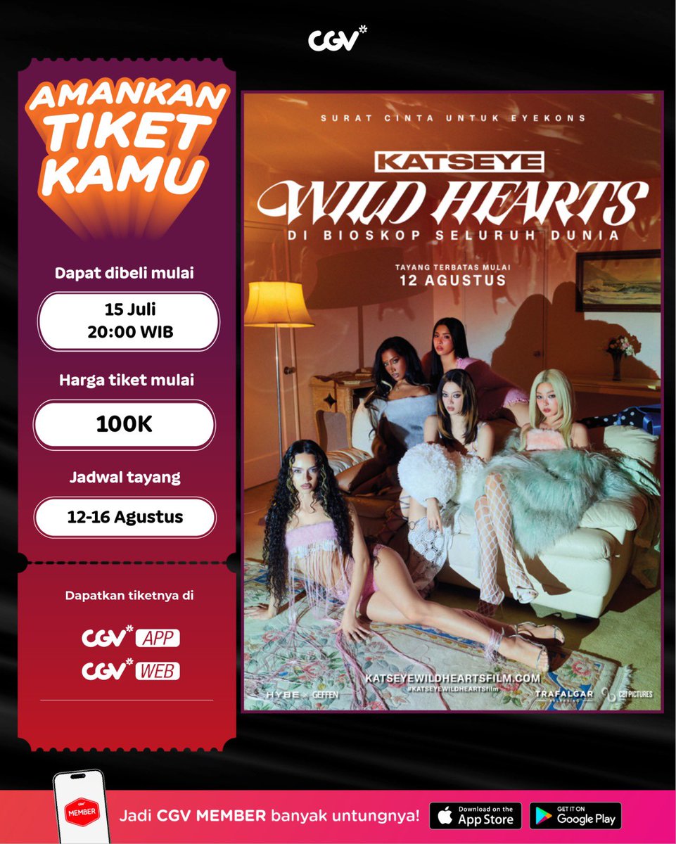 CGV_ID's tweet photo. EYEKONS!! Siap-siap yaa amanin tiket <KATSEYE: WILD HEARTS> mulai 15 Juli di CGV!😍

Jadwal tayang 12-16 Agustus! Harga tiket mulai 100K

Beli tiketnya di app/web CGV!

#KATSEYE #EYEKONS #SemuaSerudiCGV https://t.co/suQ75Lr5ii