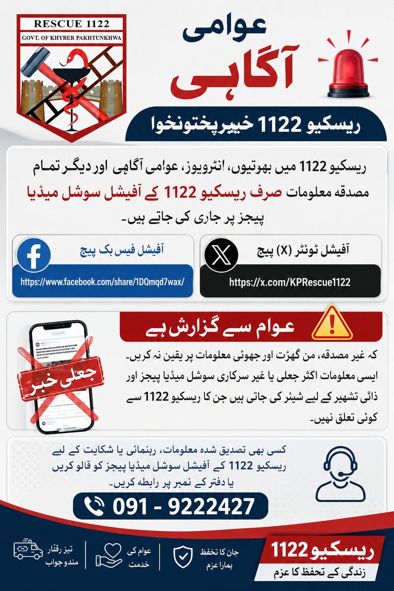 KPRescue1122's tweet photo. ریسکیو 1122 سے متعلق بھرتیوں، انٹرویوز، عوامی آگاہی اور دیگر تمام مصدقہ معلومات صرف آفیشل سوشل میڈیا پیجز پر جاری کی جاتی ہیں

غیر مصدقہ اور جعلی معلومات پر یقین نہ کریں، صرف سرکاری ذرائع سے تصدیق کریں
https://t.co/bf7VGZXtXh
@KPRescue1122 https://t.co/f0xBO0RsU9