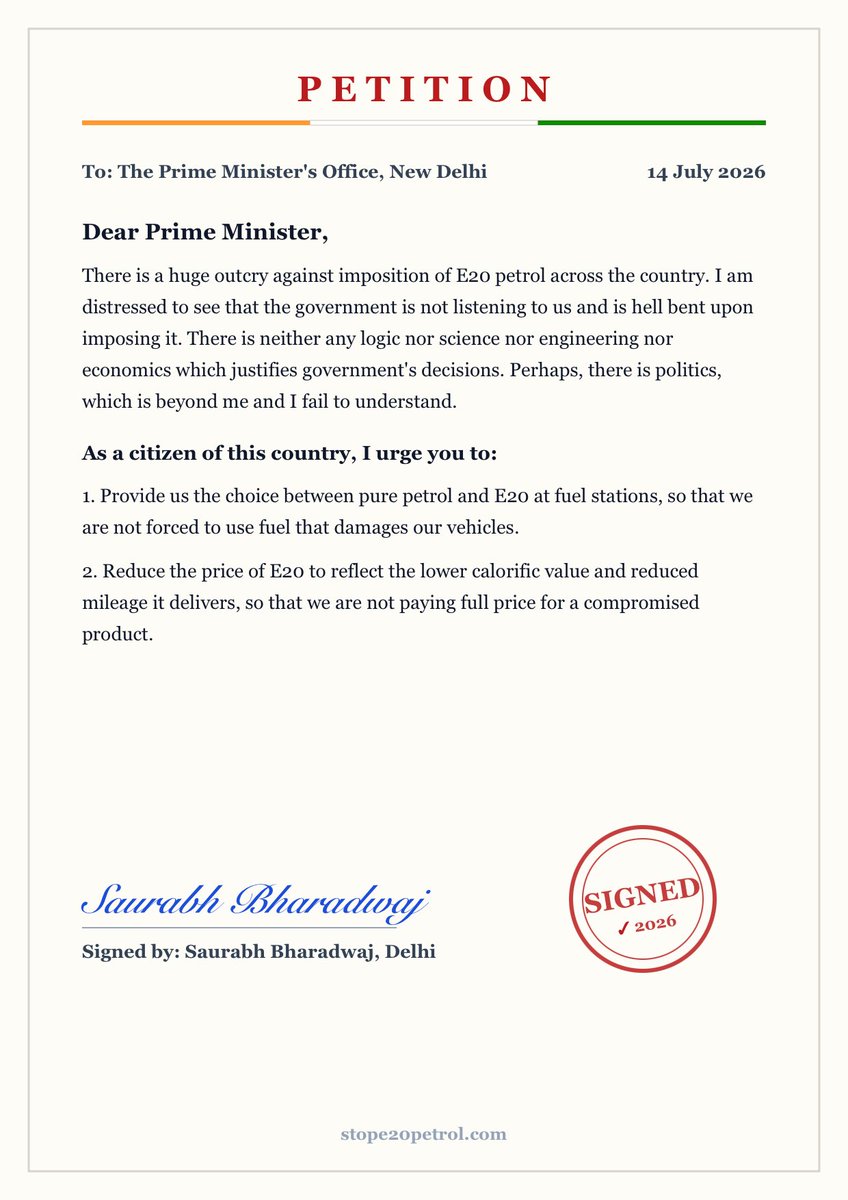 Saurabh_MLAgk's tweet photo. I just signed this citizens' petition requesting that standard petrol continue to remain available alongside E20.

If you believe consumers should have the freedom to choose the right fuel for their vehicle, please take 30 seconds to read and sign: https://t.co/NJszj6MexU https://t.co/YavN33W0aK