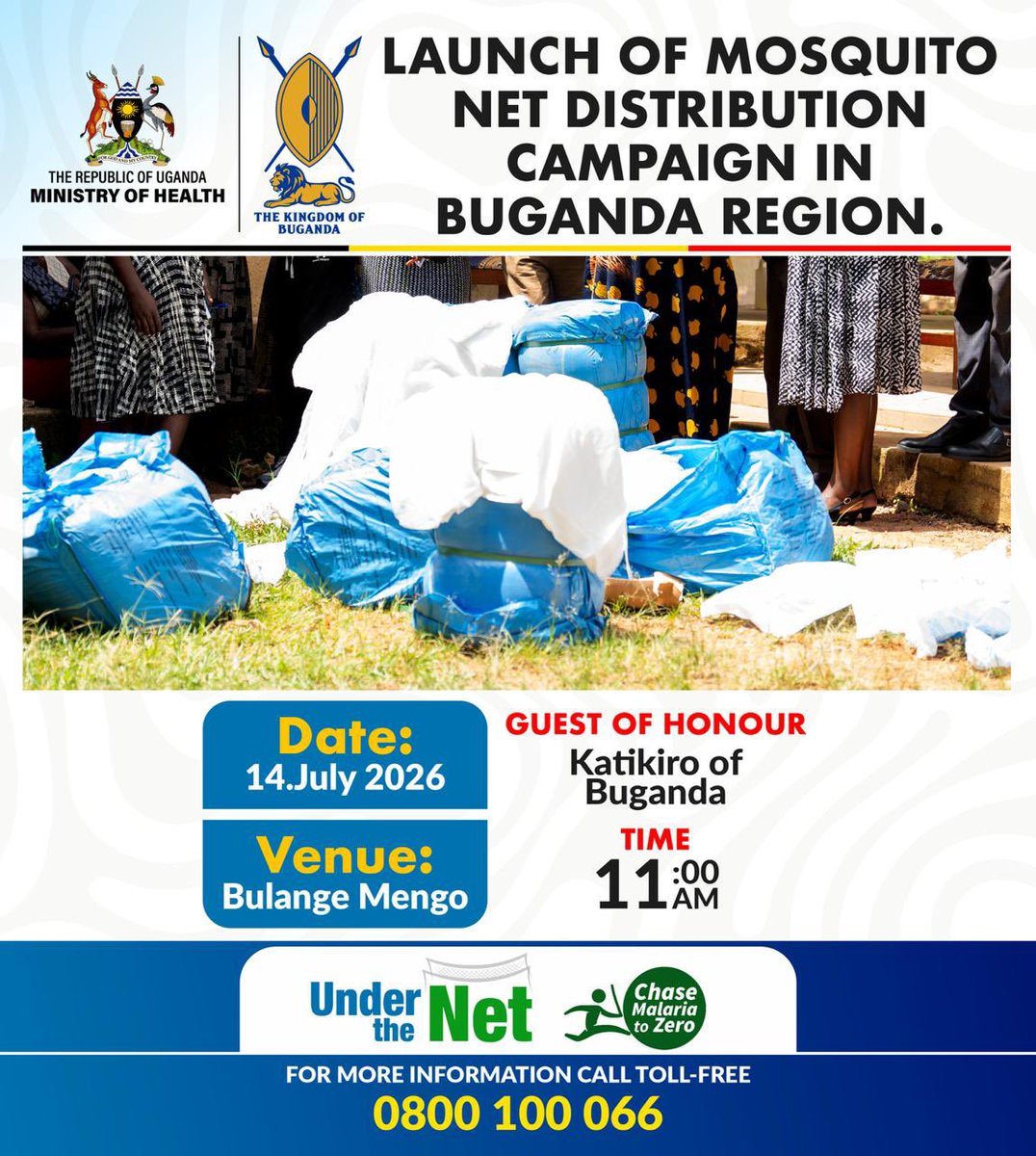 MinofHealthUG's tweet photo. The mosquito net campaign will be launched in Buganda region today by @cpmayiga. 

Mosquito nets will be distributed to all communities living in the region as part of Government’s efforts to eliminate #Malaria. https://t.co/iYOddR5hwU