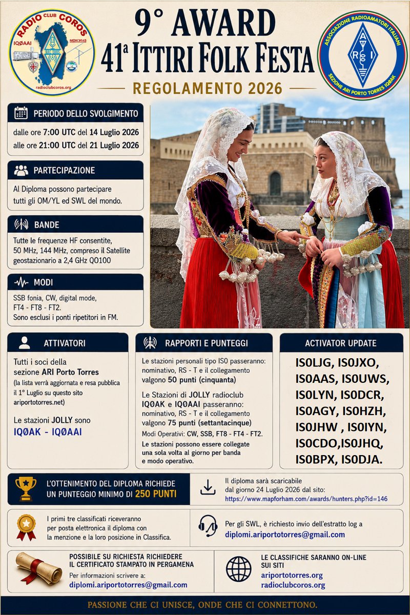 ARI_hq's tweet photo. Da 30 anni ARI di Porto Torres collabora con il Gruppo Folk Ittiri Cannedu. Oggi l'iniziativa è diventata il IX Award Ittiri Folk Festa, in onda dal 14 al 21 luglio 2026.
Regolamento: https://t.co/NLQHiTR9e6
#ARI #Radioamatori #HamRadio #IttiriFolkFesta https://t.co/ZEsSQIhlwW