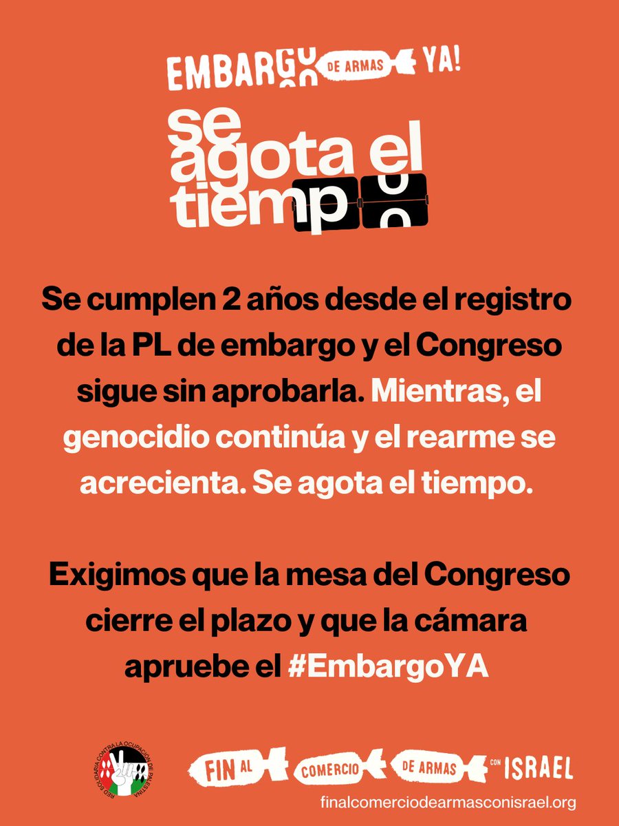 BDSMadrid's tweet photo. Registramos la PL de embargo hace 2 años y desde entonces, el Estado español ha destinado más de 1.000 M€ en contratos de armas a Israel, lo cual es ilegal según el Derecho Internacional y completamente inmoral.
🔈 Congreso, #EmbargoYA ! https://t.co/QWReSptaNv