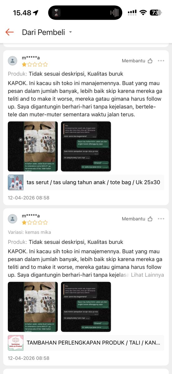 forbabydimple's tweet photo. BUAT YANG MAU BIKIN FREEBIES TOTEBAG APALAGI JUMLAH BANYAK, TOLONG HATI HATI BUAT JANGAN ORDER DI AKUN SHOPEE INI

Shopee 1 : https://t.co/nNIFBHQWCg (https://t.co/ISe2cPyCJP)
Shopee 2 : rizqia_collection (https://t.co/jvVctvYdNl)

kronologi : aku beli 120pcs, ini adalah orderanku kedua kali, karna aku udah trust ke mereka, aku baru buka paket nya seminggu lebih setelah sampai (karna aku nunggu bahan packing sampai dan stiker yang aku pesan juga 120) pas semua dah sampai, aku mulai packing tapi ngebut karna malamnya aku emang ada jadwal kereta. jadi aku packing dan tempelin 1 stiker + 1 totebag. setelah aku bungkus, aku kasih kurir semua paketnya dengan dibungkus plastik gede buat dikumpulin semua tanpa aku tulis resi ke satu satu paket yg ku packing, karna aku ga sempet dan aku cuma kasih list resi aja, ternyata pas kurirku input paket satu satu malah ada yang kurang, jadi setelah 3 hari dari luar kota aku balik, aku coba cek lagi di kamar, baru ngeh ternyata emang sisa 10 stiker lagi yang belum ditempel. karna emg 1 lembar stiker itu isinya ada 60, jd 2lbr ada 120 stiker, sesuai sm totebag yg aku beli. aku baru ngeh juga pas inget unbox totebagnya tuh ada 2 plastik tertera isinya masing masing 60 tapi ukurannya besar sebelah. tapi aku ga ambil pusing karna aku pikir aman aja. aku juga unbox setelah seminggu sampai dan bikin ga bisa ajukan pengembalian lg karna emg aku ga kepikiran bakal kurang dan aku emg trust bgt ke mereka. pas aku komplain awalnya baik baik, mereka gamau tanggung jawab kalau gada video unboxing, padahal aku udah jelasin kenapa aku gabisa bikin, karna ga sempat dan ga kepikiran juga. terus aku minta jalan tengah buat minta video proses mereka packing, tapi mereka ga punya dan menyuruh kita mengerti, sakit hati bgt, ini kalo emg salah mereka yg salah hitung masa ditanggung pembeli ya? setelah berhari hari chat aku panjang lebar, tapi respon mereka singkat2 seperti emang tidak minat bertanggung jawab, jadi aku memilih mengalah tapi gak akan mengikhlaskan 100rb yang tidak ada hasilnya diaku. dan ternyata emang aku liat direview nya, beberapa ada yang kejadiannya sama kayak aku, jumlahnya kurang tapi mereka gamau ksih solusi karna gada bukti unboxing, padahal ngapain juga aku bohong, aku beli nya aja sampe keluarin budget sejuta lebih buat totebag nya doang, belum lagi stiker dan freebiesnya, yakali smpe mau bohong cuma karna 100k doang, jadi buat yang mau beli freebies disini lebih berhati hati aja. gara gara ini jadinya mau gamau aku harus beli sisa kekurangannya lagi ditoko lain (MAAF BUAT 10 ANAK LG YG BLUM KUKIRIM, PAKETNYA KURANG 😔 HARUSNYA PAS LOH HUHU) 😭 padahal aku niat mau bagi bagiin ke fans tanpa ambil untung (nombokin malah) ternyata masih harus nombokin lagi wkwk, alhamdulillah ikhlas kasih freebies ke sesama fans, tapi gak akan ikhlas buat ini toko.