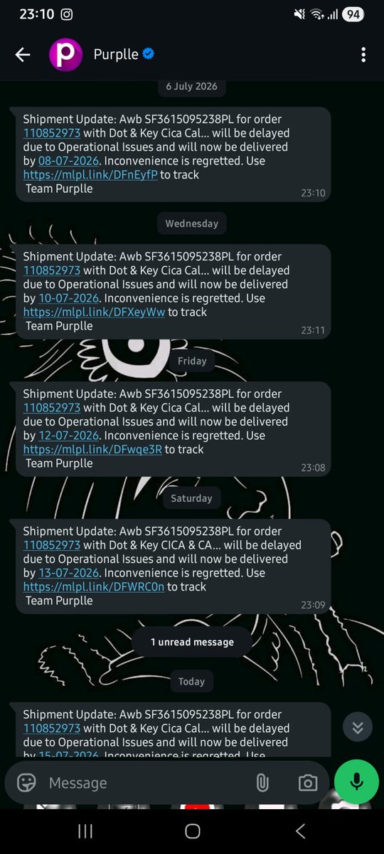 melody_raf's tweet photo. Placed an order 10 days ago and still haven't received it . I get out for delivery everyday and then a msg at night saying it couldn't be delivered it will be done the next day . There's no support from the customer service as well @letspurplle pls help out asap https://t.co/6gDMoEly4w