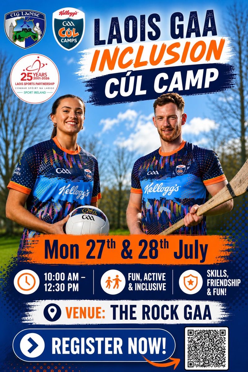 CLGLaois's tweet photo. The Laois GAA Inclusion Cúl Camp is back for 2026!

The camp is for kids from 6-13 with additional needs and will take place on Monday 27th &amp; Tuesday 28th July in The Rock GAA from 10am - 12:30pm.

https://t.co/BUaw2FtPwm https://t.co/0qxRKo2gTv