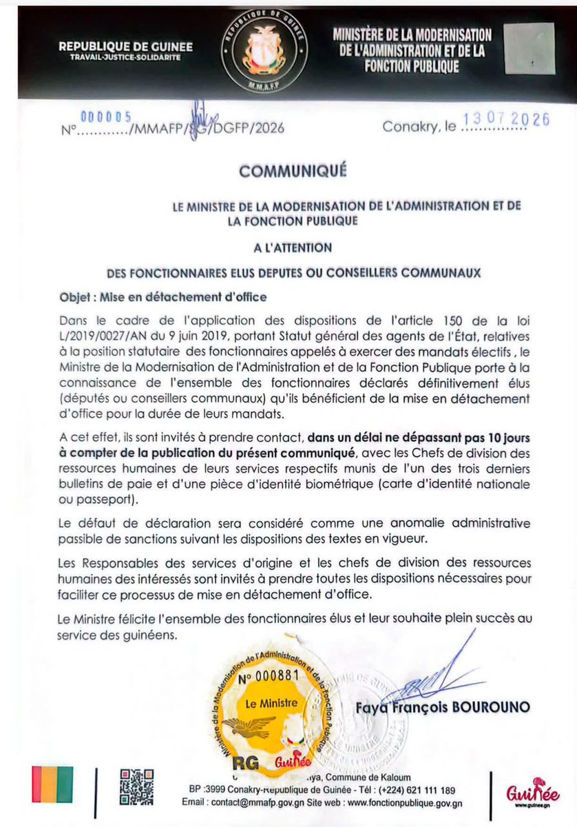 CurtisMonique's tweet photo. Le Gouvernement rappelle aux fonctionnaires élus députés ou conseillers communaux qu’ils doivent accomplir les formalités de mise en détachement d’office, conformément à l’article 150 du Statut général des agents de l’État. 
#Guinée #FonctionPublique #territoire https://t.co/lh9XM3nKLk