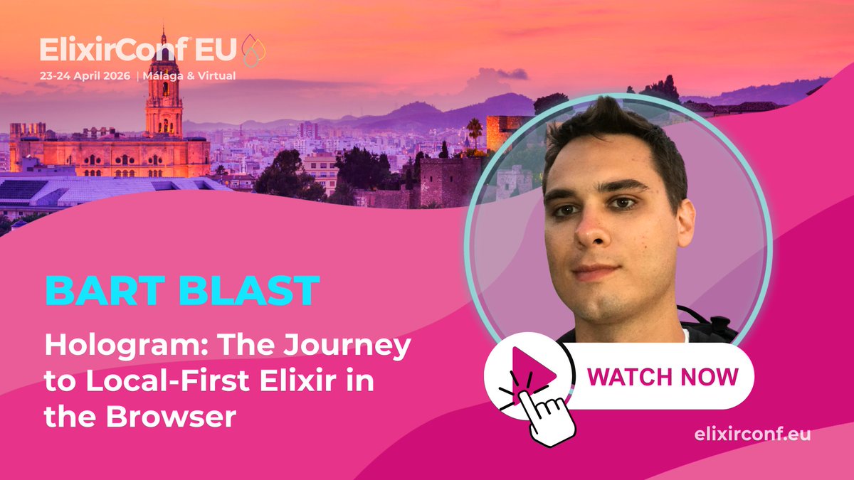 ElixirConfEU's tweet photo. Bart Blast on Hologram &amp; Local-First Elixir in the browser - now live from ElixirConf EU 
👉 https://t.co/x4yynZAdJt

Bart's also heading to ElixirConf US with his training "Building Local-First Apps in Pure Elixir with Hologram" &amp; speaking.
Check it out: https://t.co/qI6xqpN0bu https://t.co/FS4NFUE6KP