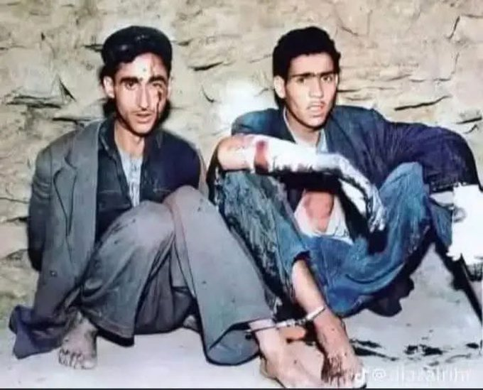 umradil's tweet photo. "Bu nadir fotoğraf, 1950'li yıllarda Fransız sömürge ordusu tarafından, iki kahramanın idam edilmesinden hemen önce çekildi."

Yer: Cezayir'in Ayn Sefra (Aïn Sefra) kentindeki, "Edzîra (الدزيرة)" olarak bilinen ünlü işkence merkezi

Durum: Fotoğrafta iki kişinin zincire vurulmuş olduğu ve üzerlerinde ağır fiziksel işkence izlerinin bulunduğu görülmektedir. Buna rağmen yüz ifadelerinde direnç, onur ve kararlılık dikkat çekmektedir.

Fotoğraftaki kişilerin, Cezayir Bağımsızlık Savaşı'nın iki şehidi ve kahramanı olan Ben Nasi Mahmud ile Yahyavi Tecini (Yahiaoui Tjini) olduğunu; her ikisinin de El Beyaz (El Bayadh) vilayetine bağlı Boussemghoun bölgesinden geldiği biliniyor.