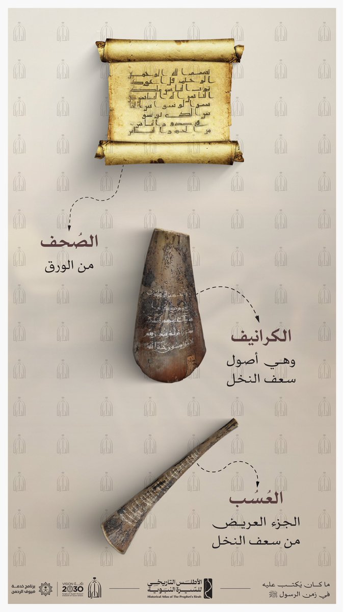 HAPS_KSA's tweet photo. الأدوات التي كان يُكتب عليها في العهد النبوي. 

وكان النبي ﷺ يحثّ على تعلّم الكتابة، للرجال والنساء، ومن الذين استجابوا لذلك الشفّاء بنت عبد الله رضي الله عنها التي تعلّمت الكتابة والقراءة، ثم أخذت تُعلّم نساء الأنصار.

#الأطلس_التاريخي_للسيرة_النبوية https://t.co/qznPD7aTm4