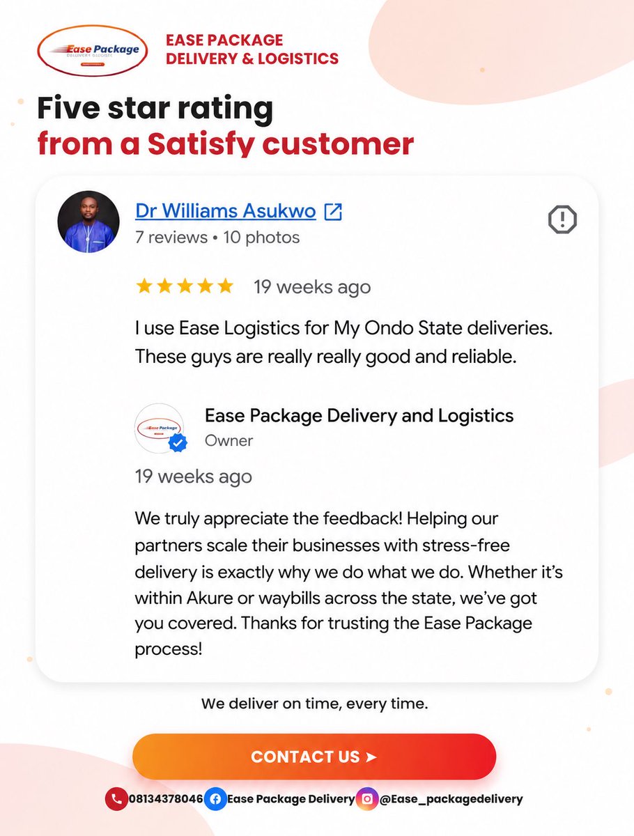 Easepackage's tweet photo. Customer satisfaction is our biggest achievement.

We’re committed to providing fast, secure, and reliable logistics services every day.

📞 08134378046 | 09165966912
#CustomerReview #FiveStarReview #EasePackageDelivery #LogisticsNigeria #EcommerceNigeria #SmallBusiness #Delivery https://t.co/YhR1fO7BKN