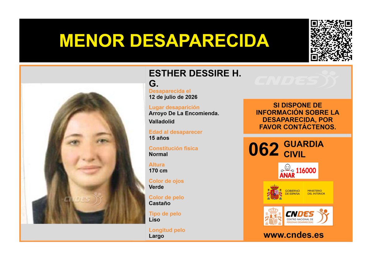 cndes_oficial's tweet photo. ⚠️𝘼𝙇𝙀𝙍𝙏𝘼⚠️🚺𝗠𝗘𝗡𝗢𝗥 𝗗𝗘𝗦𝗔𝗣𝗔𝗥𝗘𝗖𝗜𝗗𝗔
𝗘𝗱𝗮𝗱 15 años
🧐Vista por última vez #Valladolid
🔁RT📲 para ayudar a encontrarla
Si tienes noticias de su paradero:
✅📞062 @guardiacivil
✅📩https://t.co/20F1qcsq3i
✅🔗 Canal oficial @cndes_oficial https://t.co/OYz7Sh5oI8