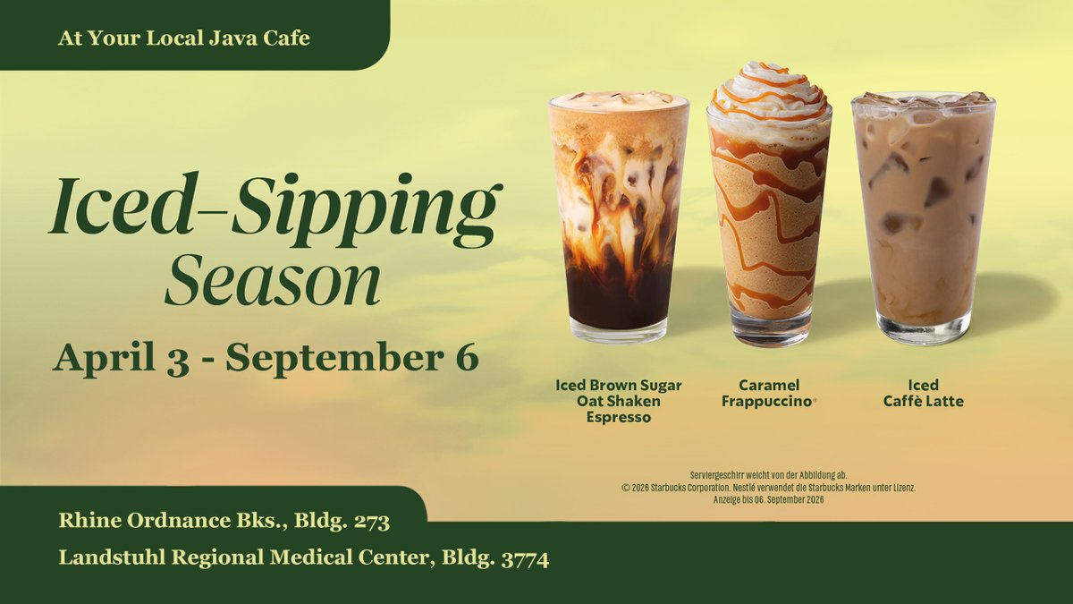 ktownmwr's tweet photo. ☀️ Iced-Sipping Season Specials are here! 🧊 Sip sunshine with our Iced Brown Sugar Oat Shaken Espresso, Caramel Frappuccino, or Iced Café Latte. 🚗 Now through Sep. 6—visit Java Café! ☕
https://t.co/rSkfKSEeTf
#ArmyMWRCares https://t.co/f7UN5Lhs4k