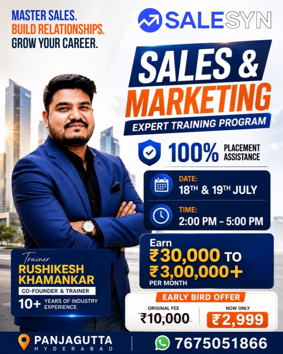 salesyn_'s tweet photo. Start your career in Sales &amp; Marketing? Career Opportunities: Earn ₹30,000 to ₹3,00,000+ per month! 100% Placement Assistance

Early Bird Offer
Fee Now Only: ₹2,999

📞 Register Now: 7675051866
#SalesTraining #SalesCareer #MarketingTraining #CareerGrowth #PlacementAssistance https://t.co/3GebiwN5RO
