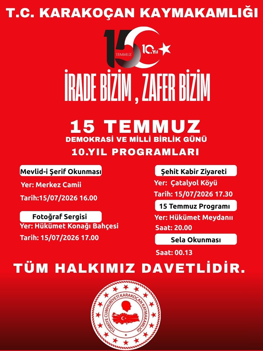 Karakocannmem's tweet photo. Karakoçan Kaymakamlığı 15 Temmuz Demokrasi ve Milli Birlik Günü Programıdır. Tüm Halkımız Davetlidir.  #15Temmuz https://t.co/ltA6Rc5LMF