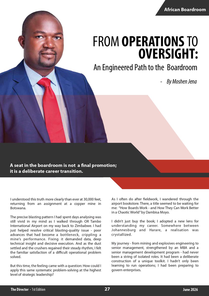 TakaSande's tweet photo. The journey to the boardroom is not accidental. It is intentional.

Moshen Jena, a mining executive shares a compelling personal reflection on his transition from operational leadership to board readiness.

📖 Read the full article here https://t.co/ypTqDdjr5h https://t.co/IxeU1KgAhV