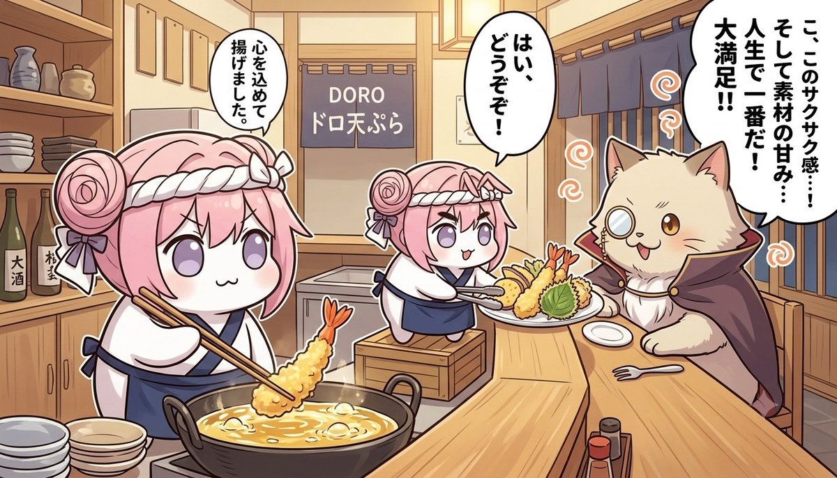 panicbluedoro's tweet photo. 天ぷら屋さんでアルバイト中のDoroちゃんず。
お店に味にうるさい食通が現れてもおいしいてんぷらで
もてなすイラストを生成してたらDoroちゃんがウサギさんにw
#doro https://t.co/SOzqKWXYi6