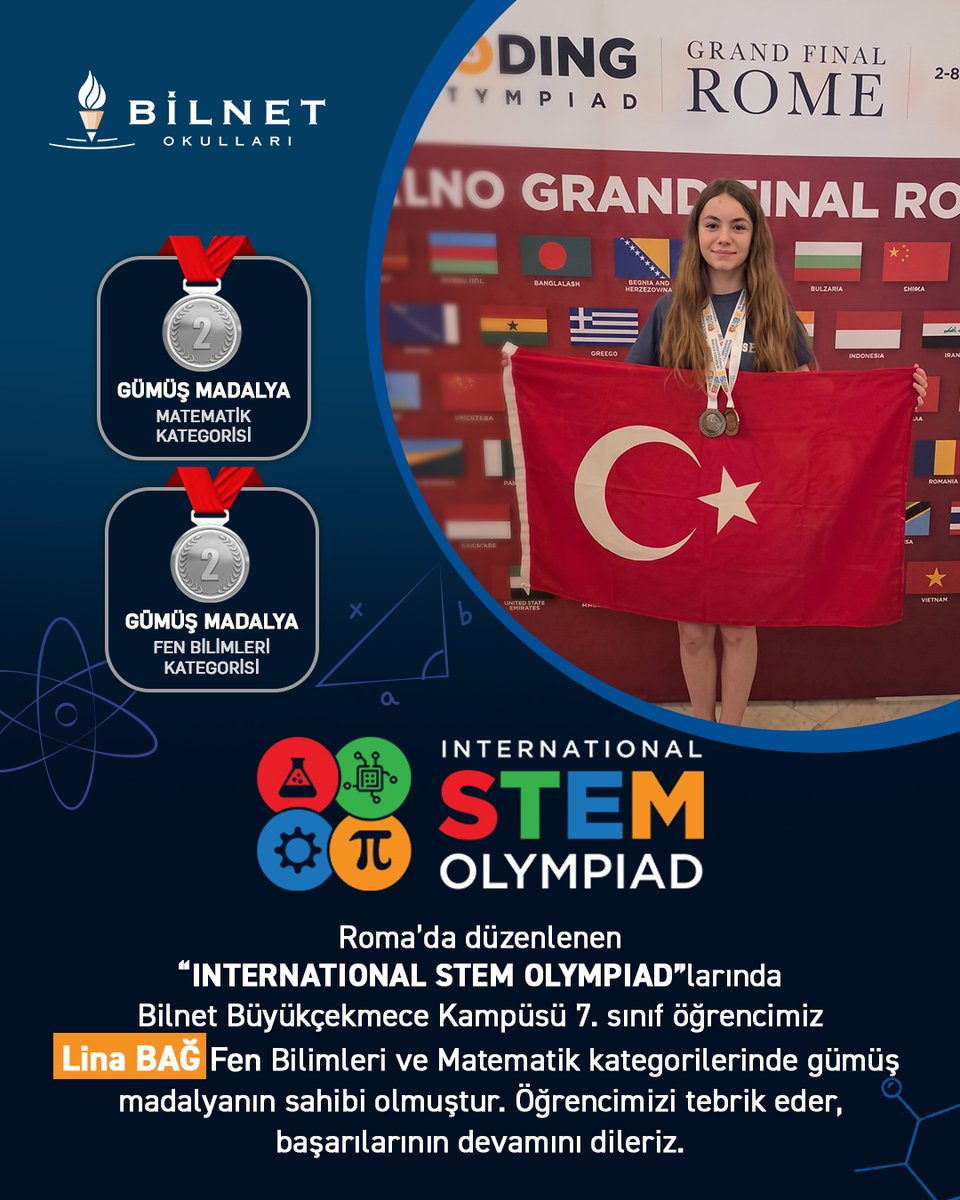 BilnetOkullari's tweet photo. Roma'da düzenlenen “INTERNATIONAL STEM OLYMPIAD” larında Büyükçekmece Kampüsü 7. sınıf öğrencimiz Lina BAĞ Fen Bilimleri ve Matematik kategorilerinde gümüş madalyanın sahibi olmuştur. Öğrencimizi tebrik eder, başarılarının devamını dileriz.

#BilnetOkulları #BilnetSchools #Stem #Olympiad